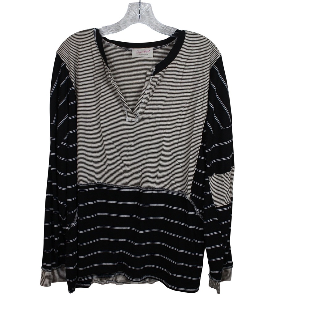 Sugarfox Mixed Stripe Paneled Long Sleeve Split V-Neck Top Black Cream Relaxed